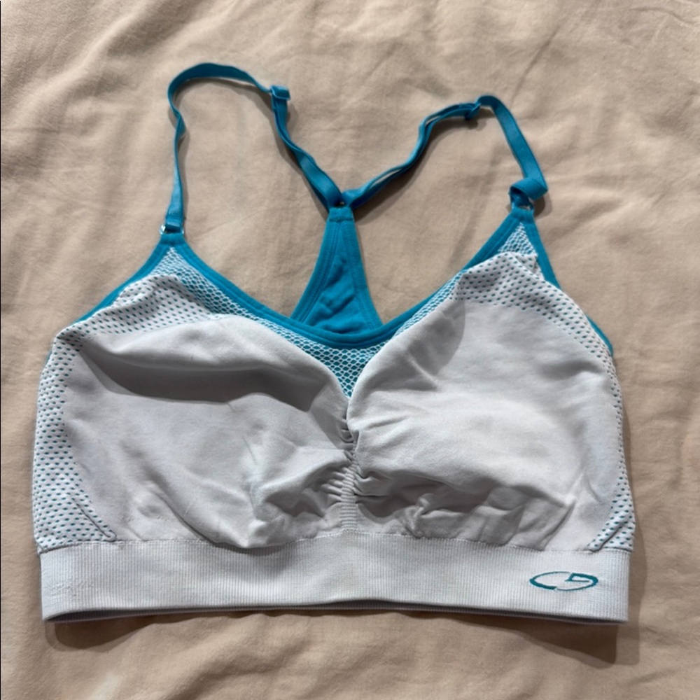 Champion Blue and White Sports Bra with Racerback Design